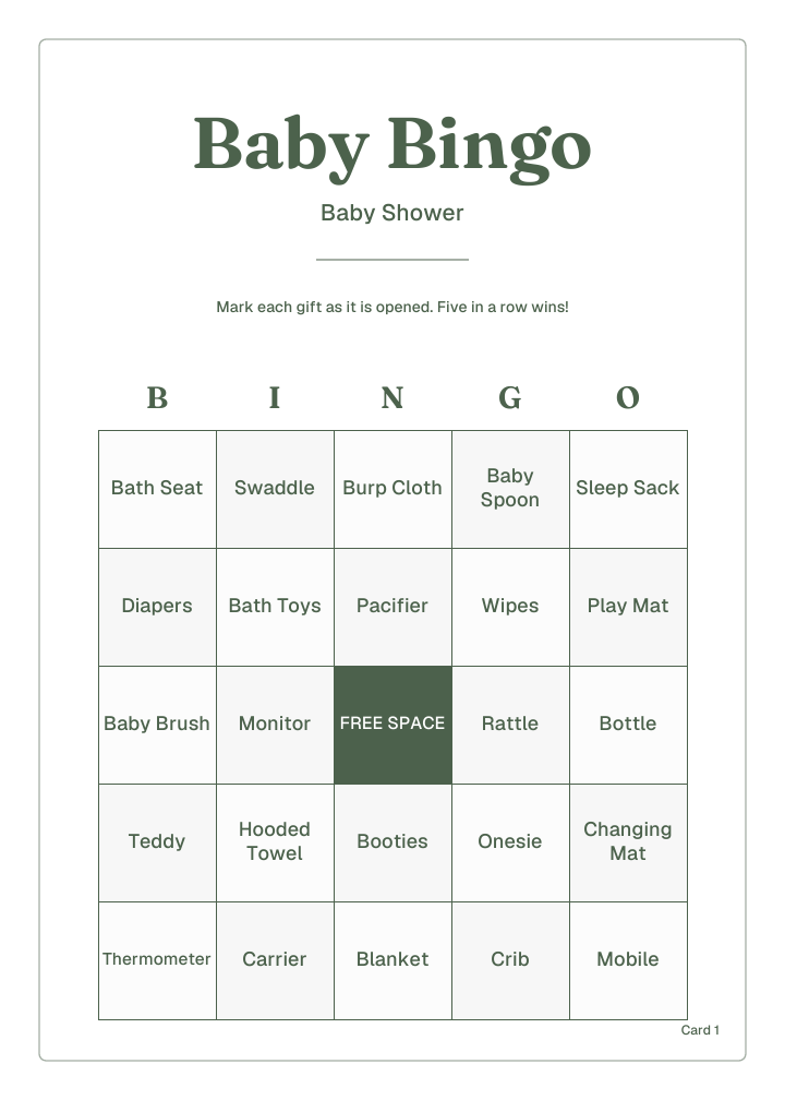baby shower bingo cards sample PDF layout