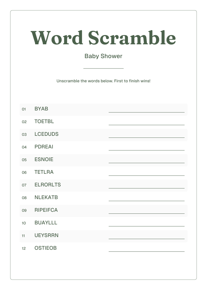 baby shower word scramble sample PDF layout