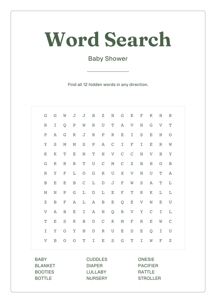 baby shower word search sample PDF layout