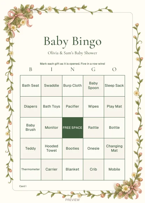 Botanical design: Baby bingo personalized printable