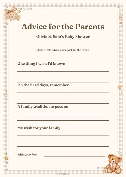Teddy design: Advice for the parents personalized printable