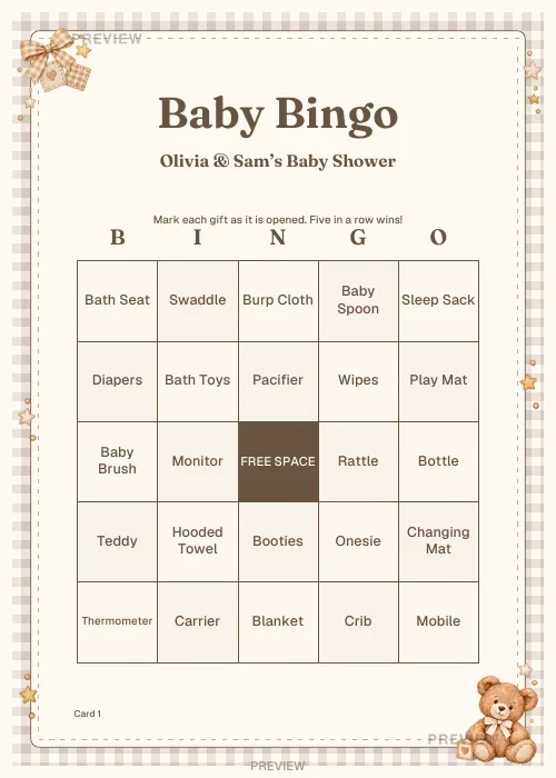 Teddy design: Baby bingo personalized printable