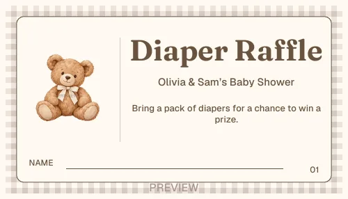 Teddy design: Diaper raffle tickets personalized printable